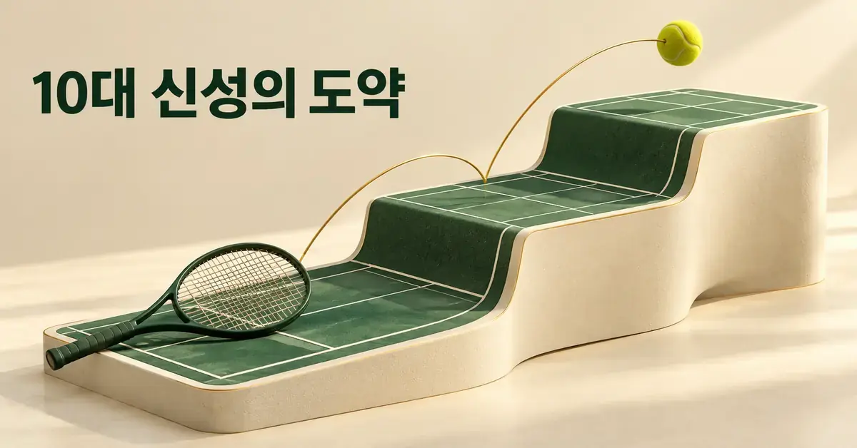 계단처럼 높아지는 테니스 코트와 위로 튀어 오르는 공, 라켓으로 미라 안드레예바의 성장을 상징하고 ‘10대 신성의 도약’ 문구를 담은 그래픽.